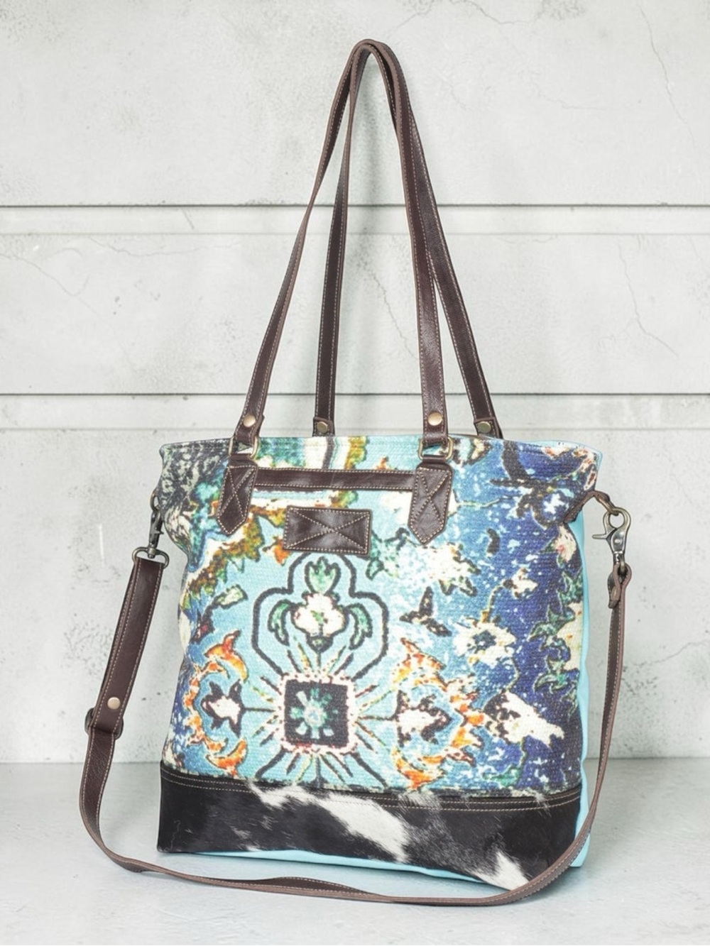 π Myra Bag - Turquoise - Mermaid Canvas Tote with Brown Leather Accents